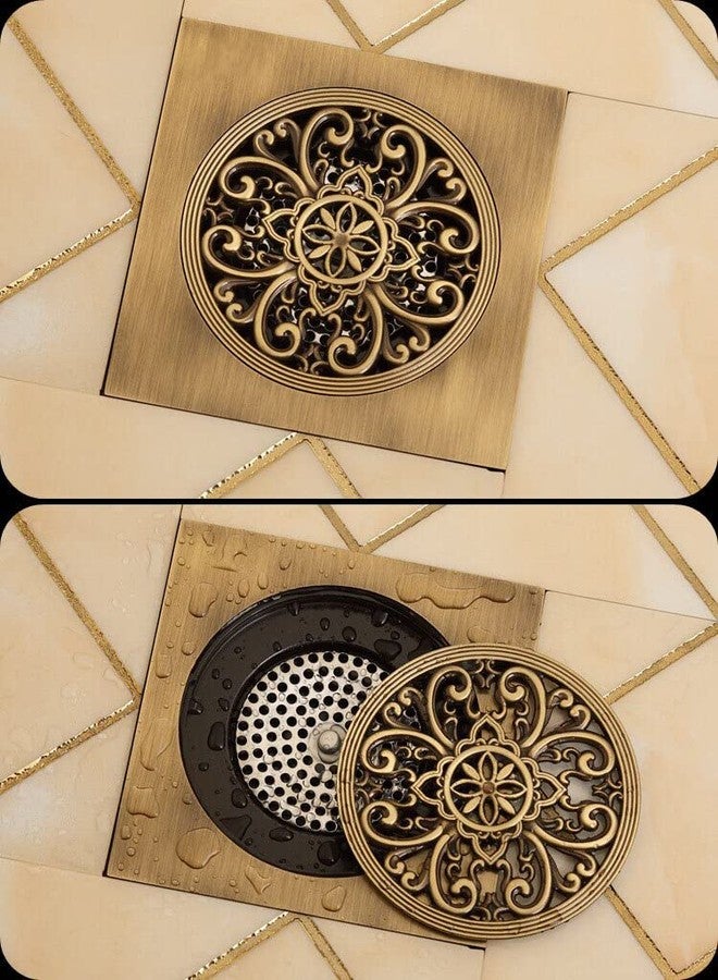 B BACKLINE مصفاة أرضية نحاسية من B Backline، مصفاة مياه أرضية الحمام، شبكة تصريف الحمام مع مصيدة صراصير مضادة للروائح الكريهة، 6 × 6 بوصات (تشطيب عتيق 9) - Image 1